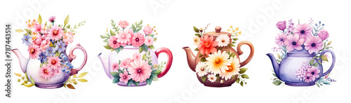 Elegant watercolor tea pots with flowers  isolated on white