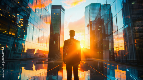 Wallpaper Mural Silhouette of a person standing between modern glass skyscrapers during a vibrant sunrise reflecting off the buildings' surfaces. Torontodigital.ca