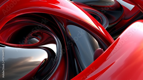 3D rendering of a red and black abstract shape. The image has a glossy look and a futuristic feel. © Amil