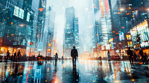 A person walking on a wet city street with illuminated skyscrapers reflecting on the pavement under a dusky sky  Everyday Business