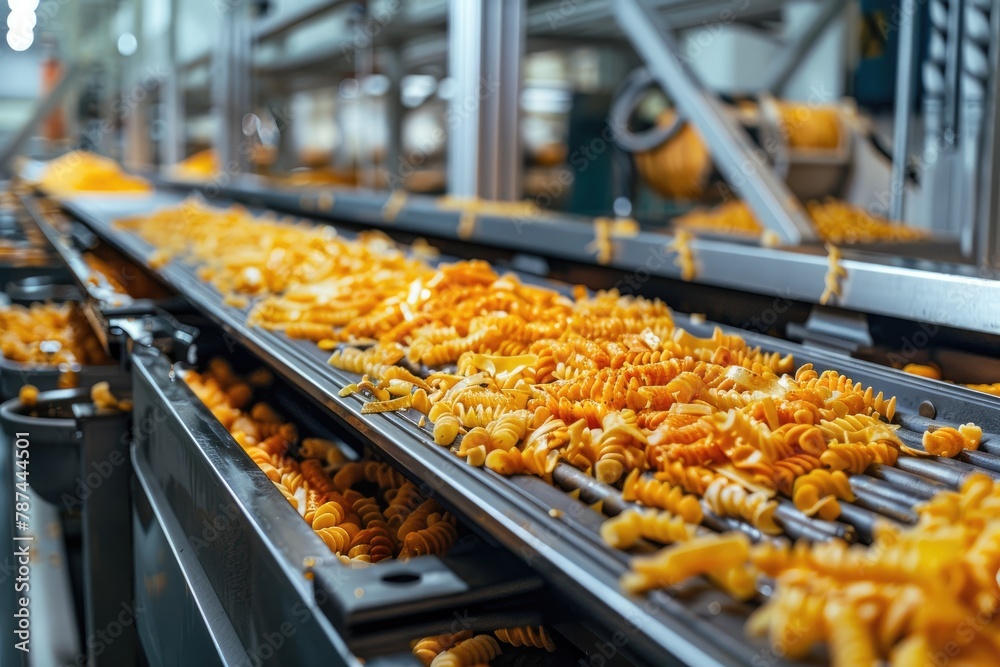 A conveyor belt is filled with yellow pasta. The pasta is being processed in a factory