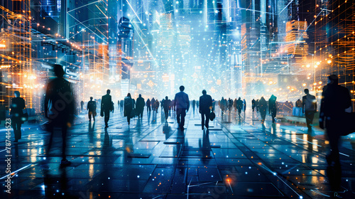 Futuristic cityscape with people walking, surrounded by neon lights and high-tech structures, evoking a busy, advanced urban environment, Everyday Business