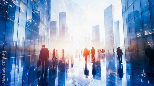 Sunlight streaming through skyscrapers with silhouettes of business people walking in a modern glass-walled urban corridor, Everyday Business