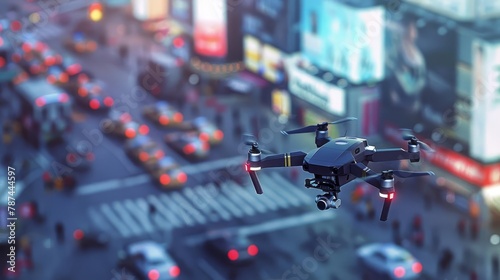 police drone monitoring crowded cityscape law enforcement surveillance technology blurred aerial view illustration © Bijac
