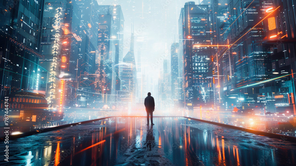 Person standing on wet street amidst futuristic neon-lit cityscape under a hazy, blue-tinted sky, reflecting an advanced urban environment, Everyday Business