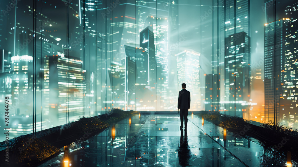 A person stands before a futuristic cityscape aglow with neon lights, reflecting on wet pavement under a hazy, night sky, Everyday Business