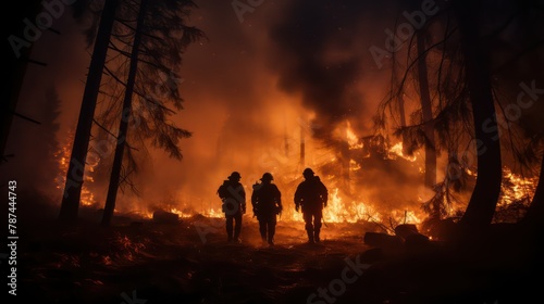 Silhouette of a group of people standing in the middle of a forest fire during a dark night.
