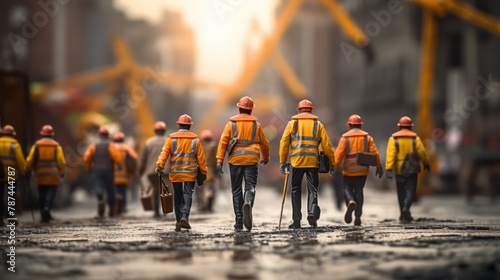 Workers are walking on the road with construction cranes in the background. photo