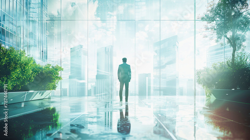 Businessperson standing in a modern glass building overlooking the city, reflecting on growth in a tranquil, green accented environment, Everyday Business
