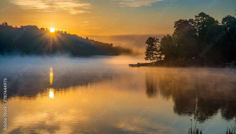 A serene sunrise over a mist-covered lake