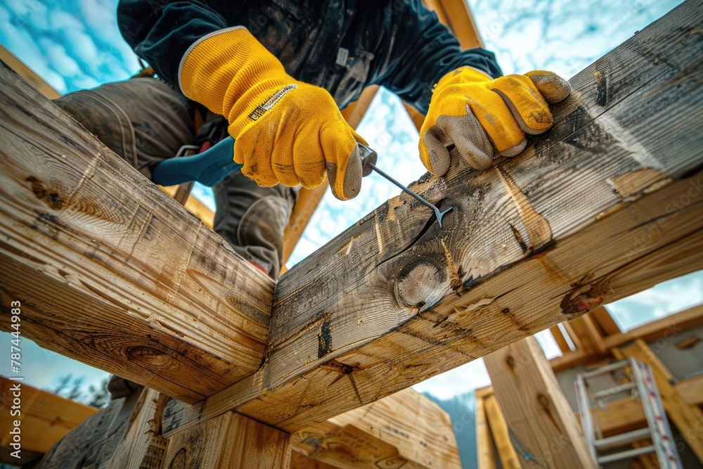 A man is working on a wooden structure, using a hammer and a screwdriver. Concept of hard work and dedication, as the man is focused on his task