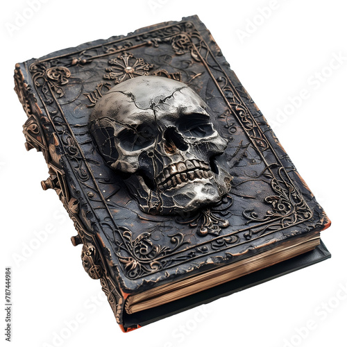 Grimoire book of spells on transparent background. Black magic and witchcraft concept. 3d digital illustration for design element, decor, card photo