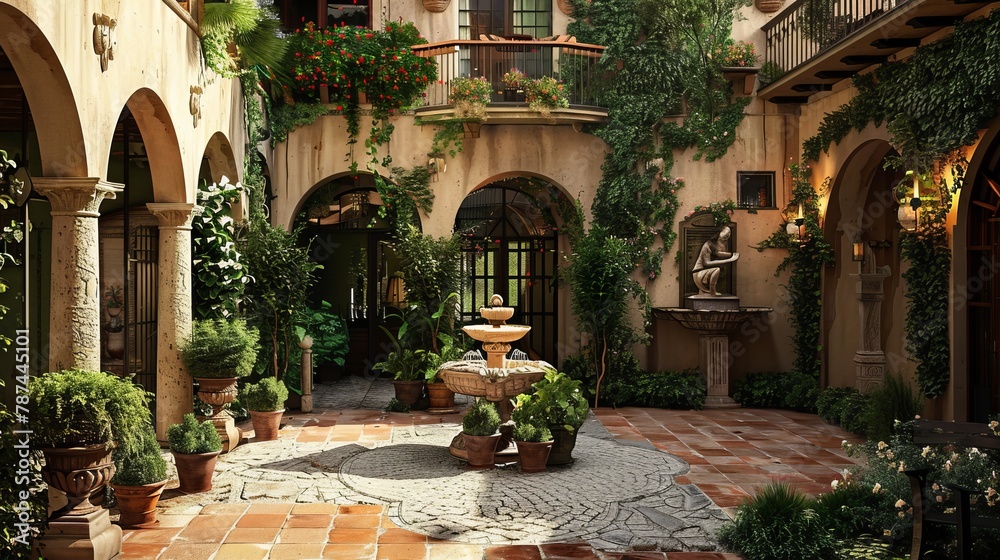 An Italian-style house often has a central courtyard or garden area. This courtyard could be paved with cobblestones or terra cotta tiles and adorned with lush greenery, fountains, and statues 