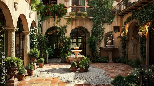 An Italian-style house often has a central courtyard or garden area. This courtyard could be paved with cobblestones or terra cotta tiles and adorned with lush greenery, fountains, and statues 