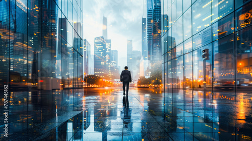 A person walks through a reflective, glass-covered urban street amidst towering skyscrapers under a dramatic, cloudy sky, Everyday Business photo