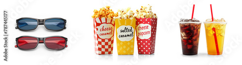 movie time and cinema popcorn and cold soft drink refreshment with 3D glasses for entertainment theater icon set isolated on png transparent background photo