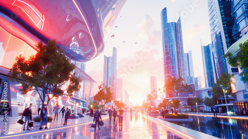 Futuristic cityscape with sleek skyscrapers  pedestrians  and flying vehicles under a sunset sky  depicting advanced urban sci-fi environment  Everyday Business