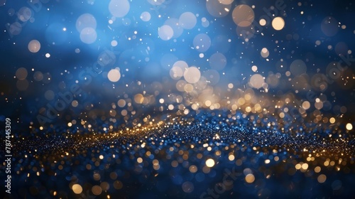 shimmering gold particles floating on deep navy blue festive holiday background