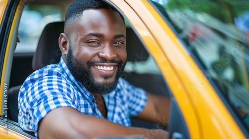 Smiling Driver in Yellow Taxi