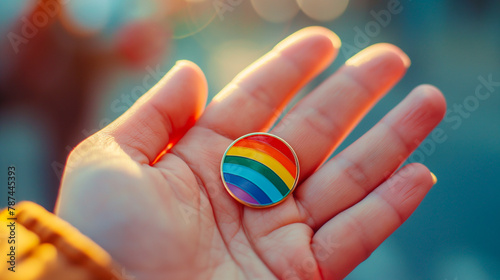 Hand Holding Round Rainbow Stripe Badge, Open Palm, Minimal Colourful Enamel Art Pin Magnet Button Coin Close Up. LGBTQ+ Pride Month. Equality, Diversity, Human Rights. Awareness, Activism, Identity