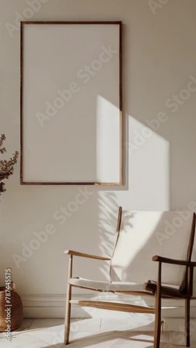 Video mockup of black canvas or picture frame for big vertical poster in white minimalistic interior. Empty room for exhibition. With warm sunny light. Vertical video reels