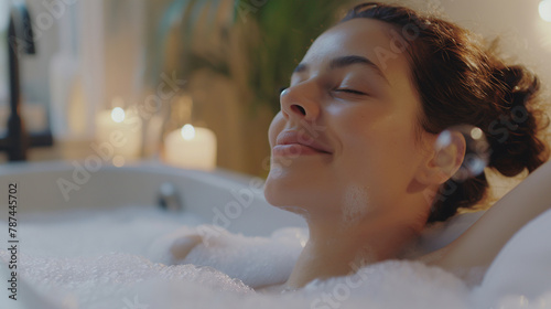 Serene Self-Care  Young Woman Indulging in a Luxurious Bubble Bath with Aromatic Candles and Relaxing Atmosphere