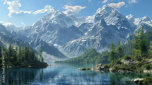anoramic view of a majestic mountain range, with snow-capped peaks towering above a dense forest, while a crystal-clear lake reflects the surrounding landscape.

 photo