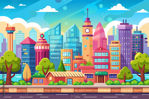 Introducing our vector seamless cartoon city megapolis background, perfect for game UI design. Bring your game to life with this vibrant and detailed cityscape backdrop