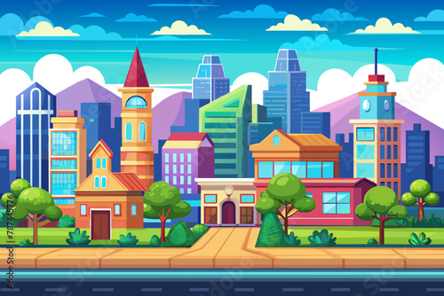 Introducing our vector seamless cartoon city megapolis background, perfect for game UI design. Bring your game to life with this vibrant and detailed cityscape backdrop