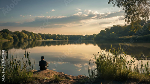 photograph capturing tranquillity at  lakeside fishing spot, angler patiently waits for the big catch. photo