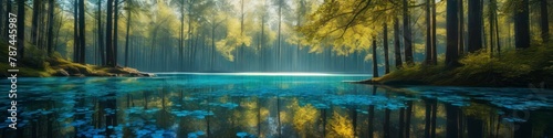 Abstract illustration reflection of forest in water midsummer. Background for banner, poster, website header, place for text. 