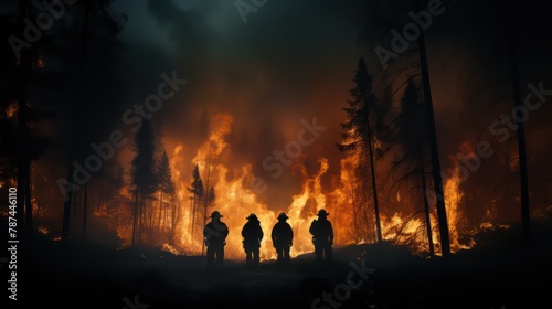 Silhouette of a group of people standing in the middle of a forest fire © Ashfaq