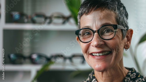 Portrait of an older average fit woman with short hair smiling at the camera wearing glasses photo