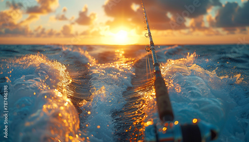 fishing rod with reel fixed on deck stern close up photo. Speed boat rides fast in open ocean waves Evening sunset time sport angling. Active sporty people vacation and traveling concept image.