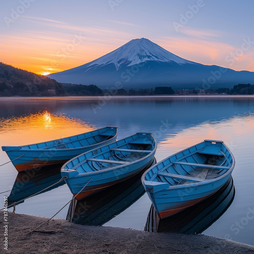 Tranquil lake scene at sunset with rowboats moored along shore with majestic silhouette snowy volcano in background. serene ambiance and stunning natural beauty capture essence peacefulness in nature