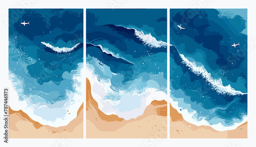 Hand drawn vector illustrations of aerial view of ocean waves reaching the coastline, beach, sand, sea shore with blue waves, top view overhead seaside. isolated cards. Travel concept. photo