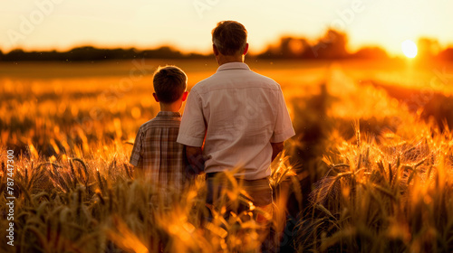 A man and a child standing in a wheat field at sunset, gazing into the horizon, sharing a peaceful moment together. © Na-No Photos