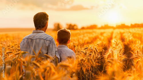 Father and son enjoying a sunset together in a golden wheat field; a moment of family bonding in nature.
