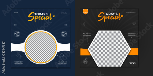 Fast food social media post design template for restaurant, Super Delicious biryani,
Square banner with purple and green gradient background.