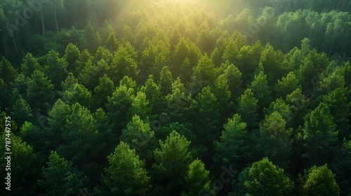Sunlight filters through the evergreen trees in the forest