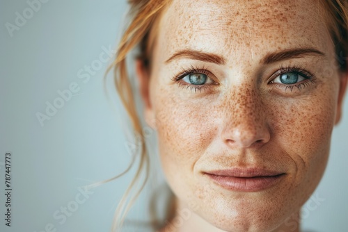 Close-up shot capturing the natural beauty of a woman with freckles and pigmentation, and striking blue eyes against a dark backdrop photo