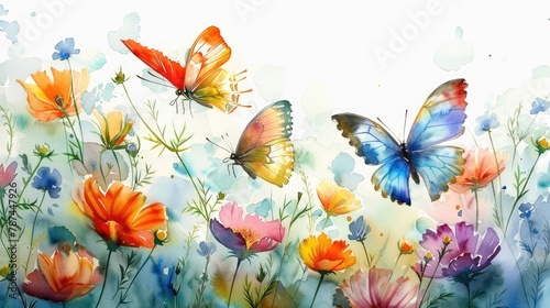 Delicate Watercolor Butterflies Fluttering Amidst Vibrant Blooming Garden Flowers © Sittichok