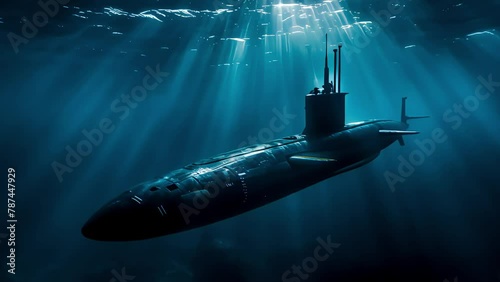 A combat submarine plunges into the ocean depths on a military mission, a play of light underwater. photo