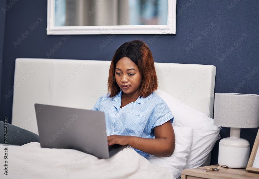 Black woman, laptop and bed relax in home for movie streaming as film entertainment, watching or pajamas. Female person, internet and comfortable with duvet in house for evening, resting or online Black woman, laptop and bed relax in home for movie streaming as film entertainment, watching or pajamas. Female person, internet and comfortable with duvet in house for evening, resting or online