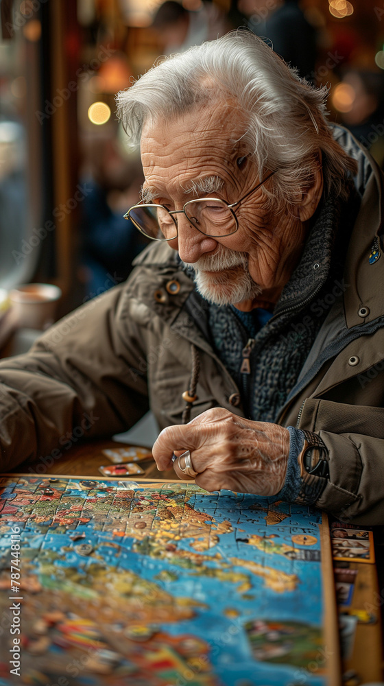 Older man contemplating puzzle. Generative AI Older man contemplating puzzle. Generative AI