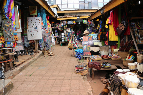 African traditional market with handmade souvenirs in Uganda. Souvenir Shop in Kampala city of Uganda. 6 June 2016.