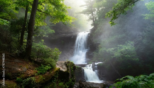 A cascading waterfall hidden deep in a lush forest with mist hiding the gorge and trees surrounding it s banks  peaceful environment  summer  magical scene