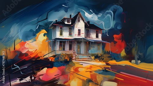 a house that is being painted in an abstract expressionist style, with AI painters using bold and spontaneous strokes to convey emotion and energy