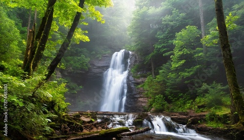 A cascading waterfall hidden deep in a lush forest with mist hiding the gorge and trees surrounding it s banks  peaceful environment  summer  magical scene