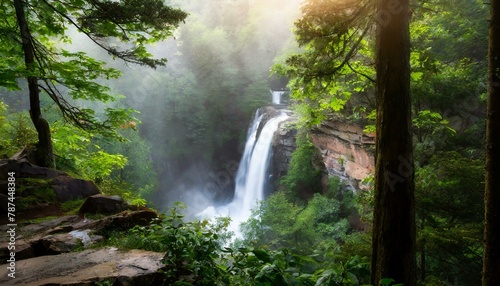 A cascading waterfall hidden deep in a lush forest with mist hiding the gorge and trees surrounding it's banks; peaceful environment, summer, magical scene